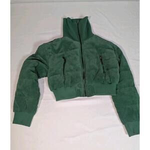 Love Tree Women's Small Green Corduroy Puffer Jacket Cropped Full Zip Bomber S